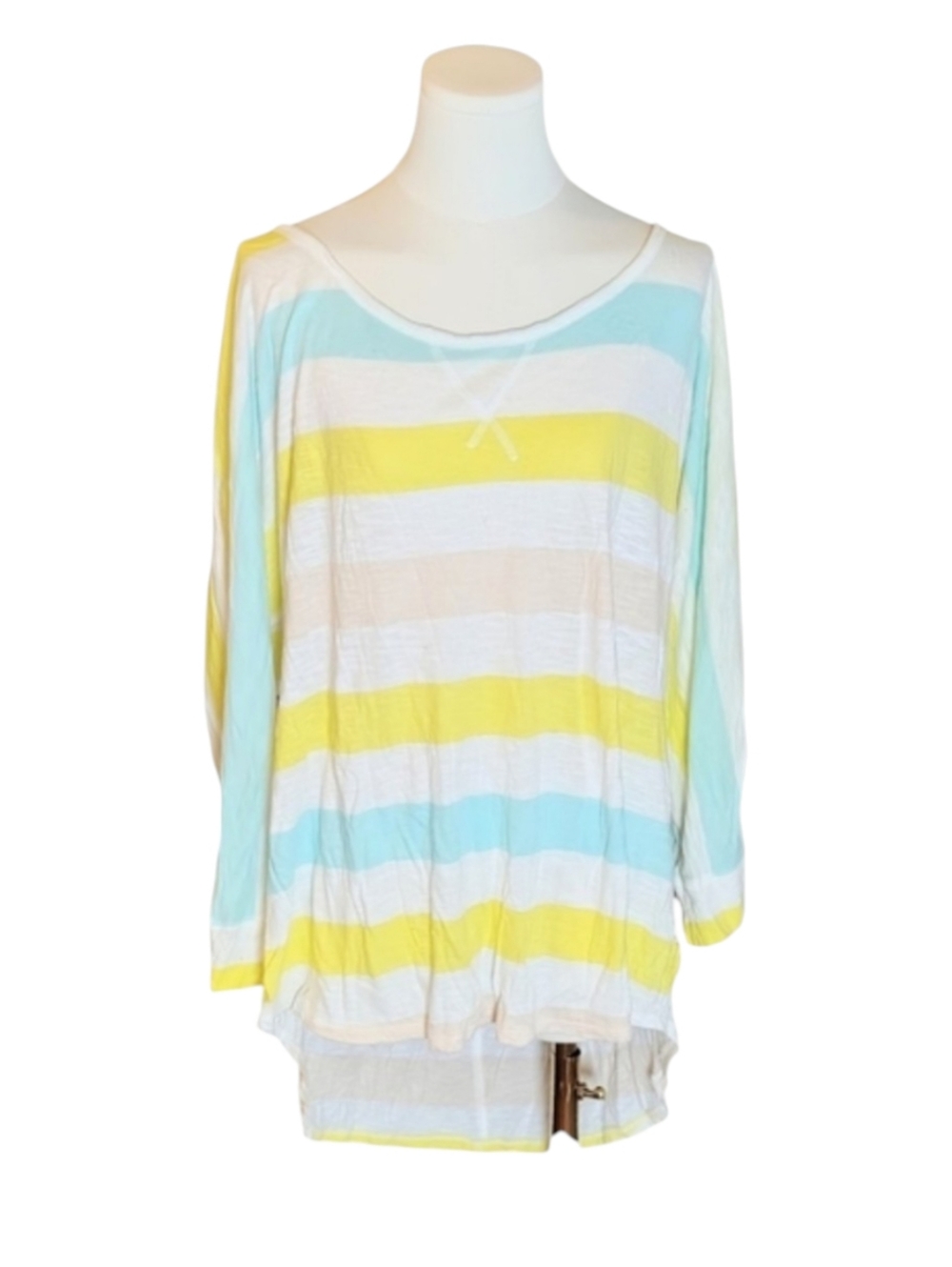 Vintage Old Navy Lightweight Cotton White Yellow Blue Striped Long Tee Size XXL